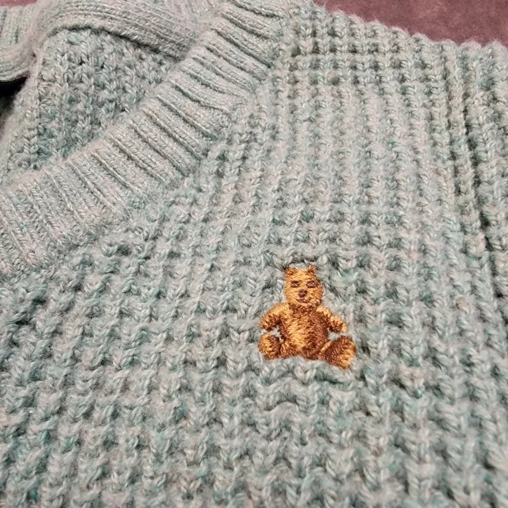 Baby Gap Sweater Vest Toddler 2Y Green Excellent Waffle Knit Bear Logo V-Neck